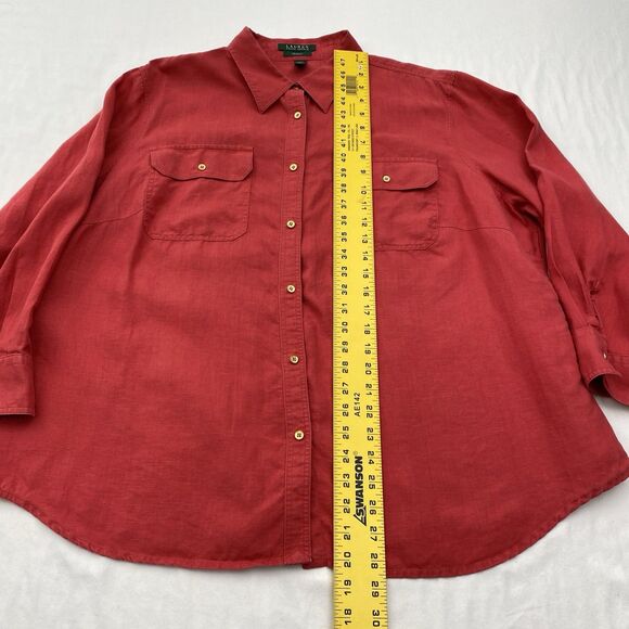 Lauren Ralph Lauren Top Womens 2X Red Linen Button Up Long Sleeve Roll Tab Blous - Picture 6 of 8